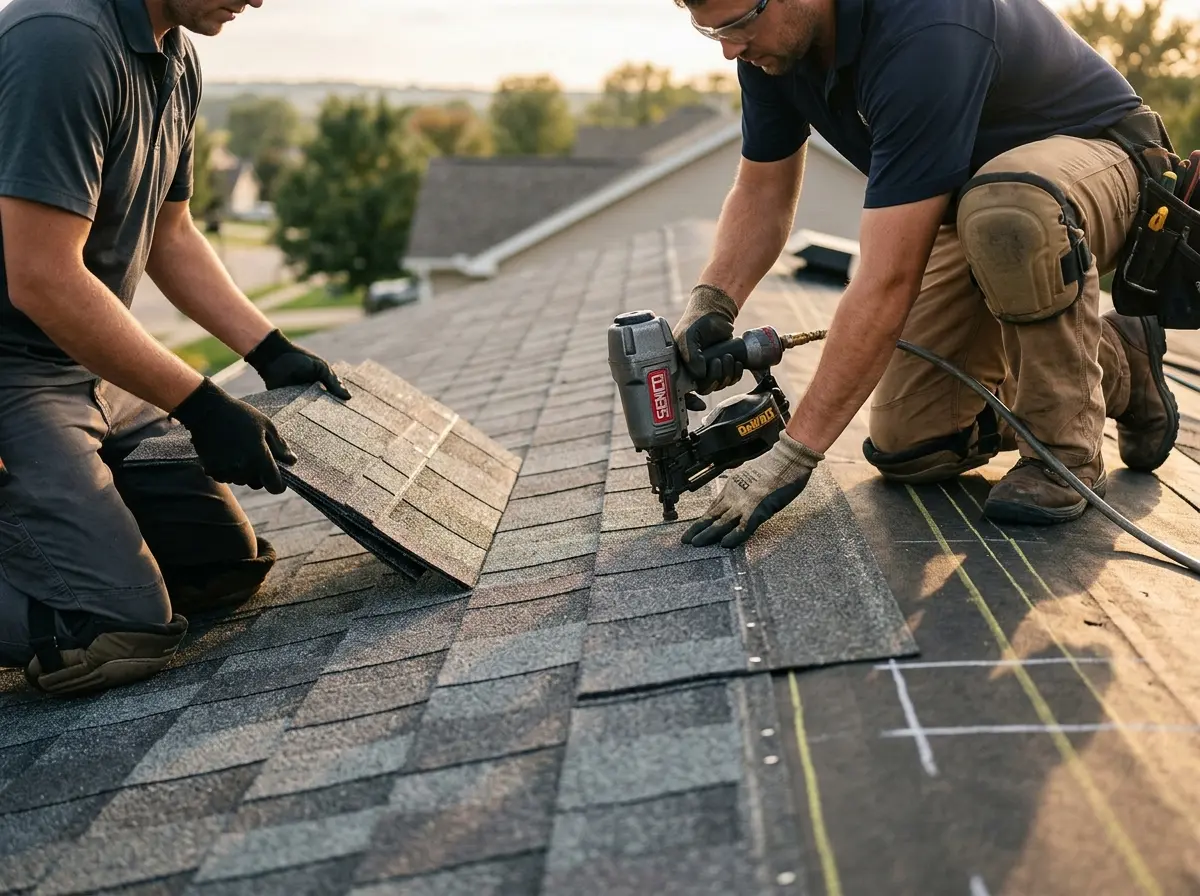 Professional roofer working on a residential roof in Seneca Falls